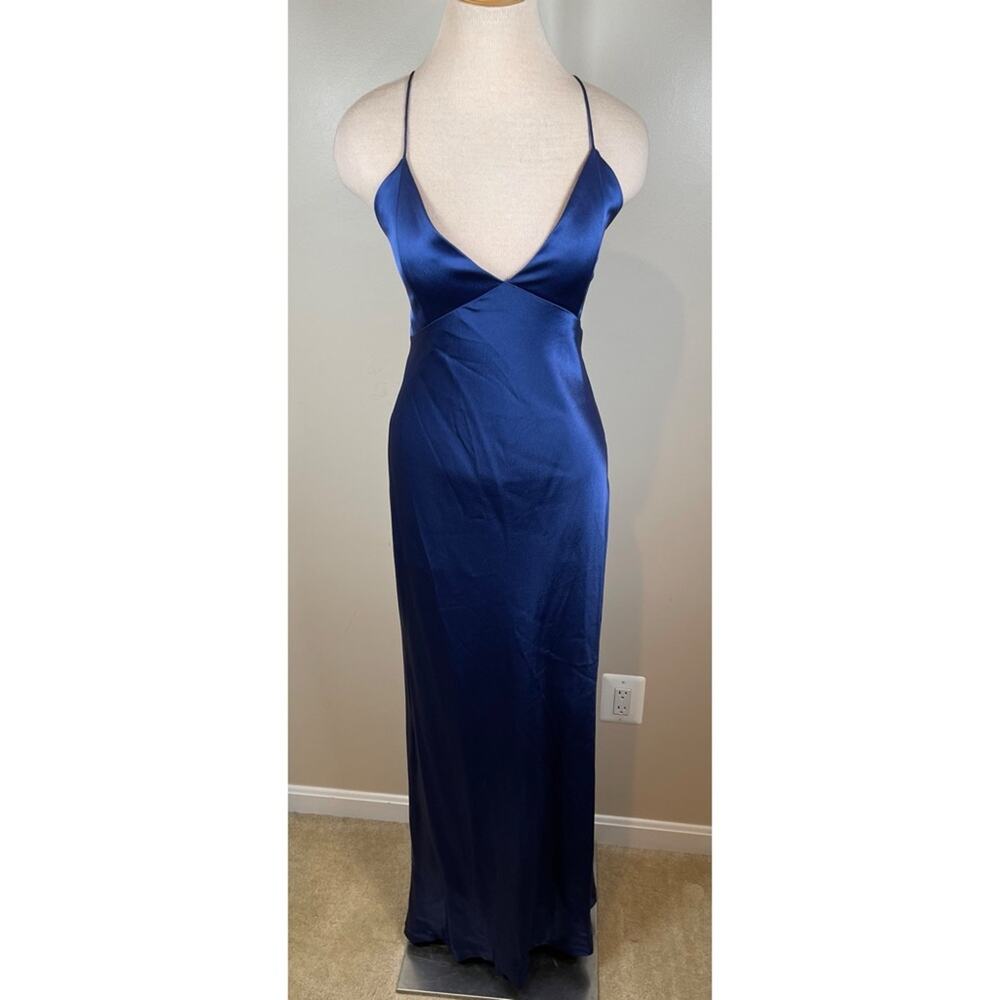 ALICE + OLIVIA Montana Azure Blue Strappy Tie Back Satin Maxi Dress Size 10 - Picture 4 of 9